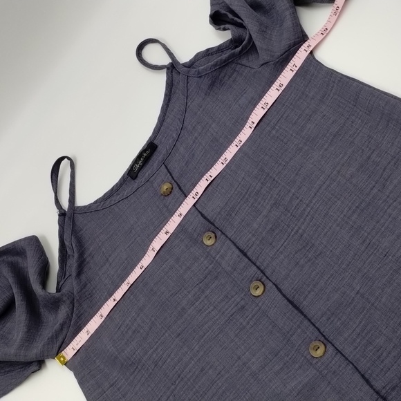 Shinestar women's medium cold shoulder skinny strap blue blouse faux buttons - Picture 9 of 10